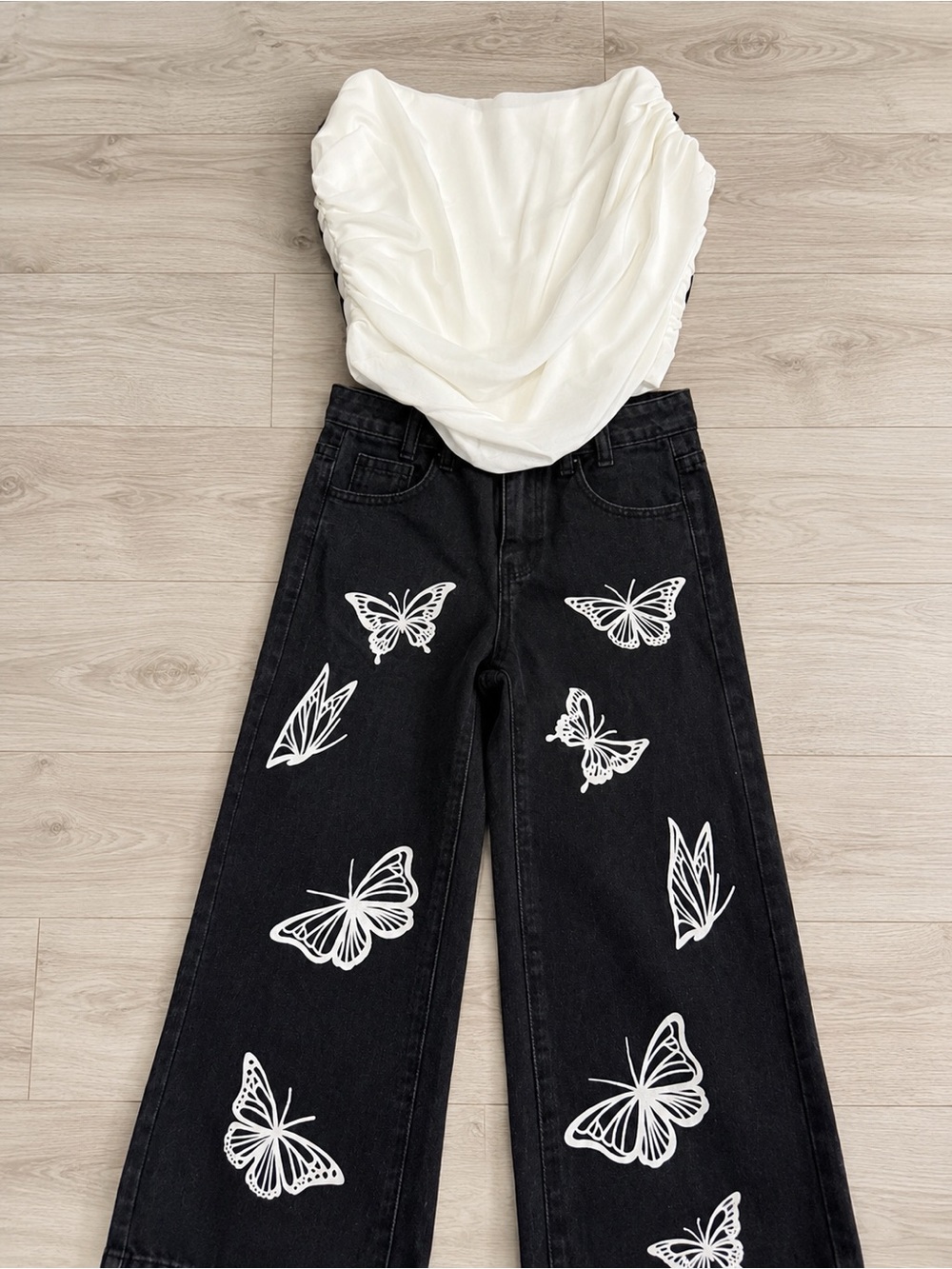 Women's Black Wide-Leg Jeans with White Butterfly Print